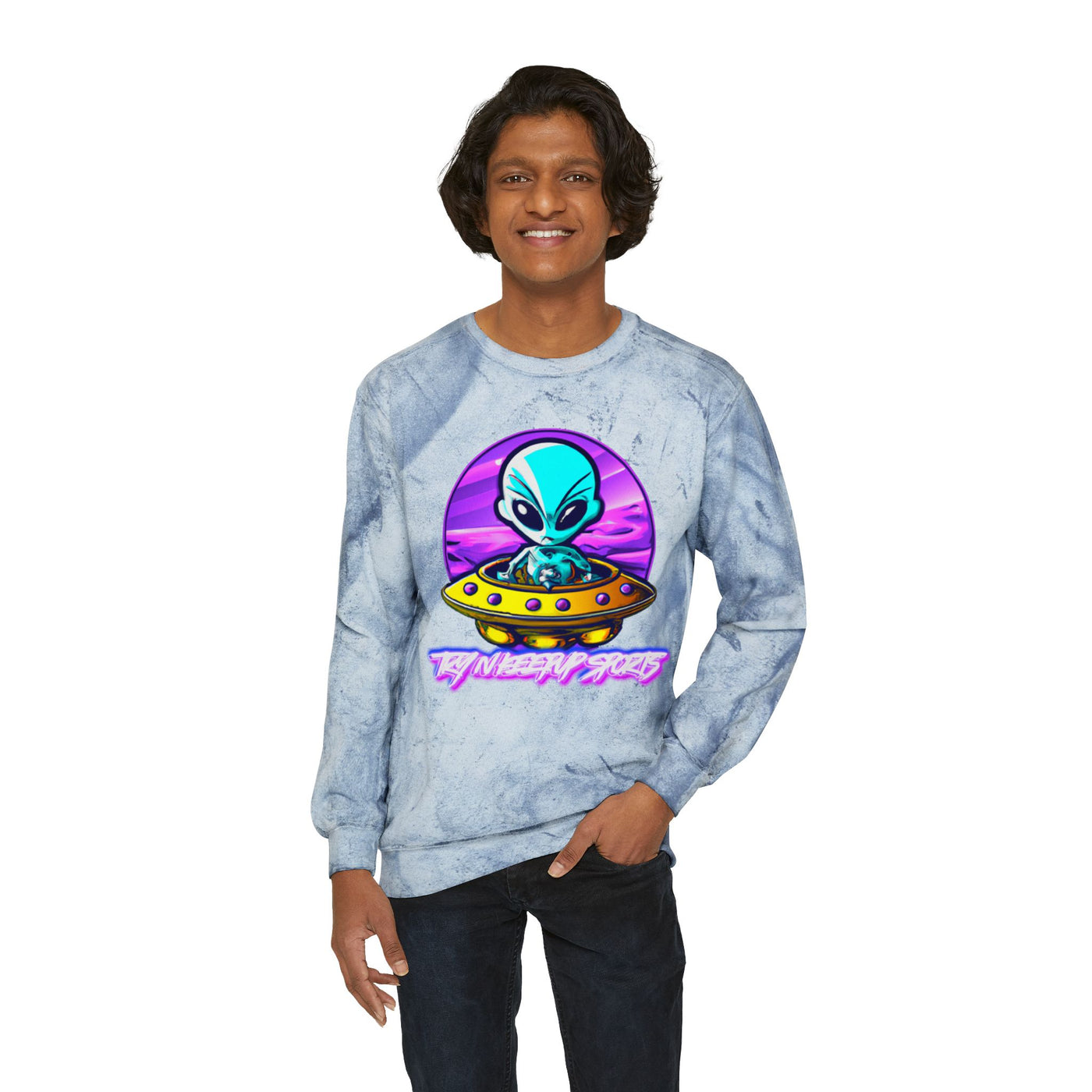 Color Blast Alien Crewneck Sweatshirt – Fun Unisex Apparel for UFO Enthusiasts