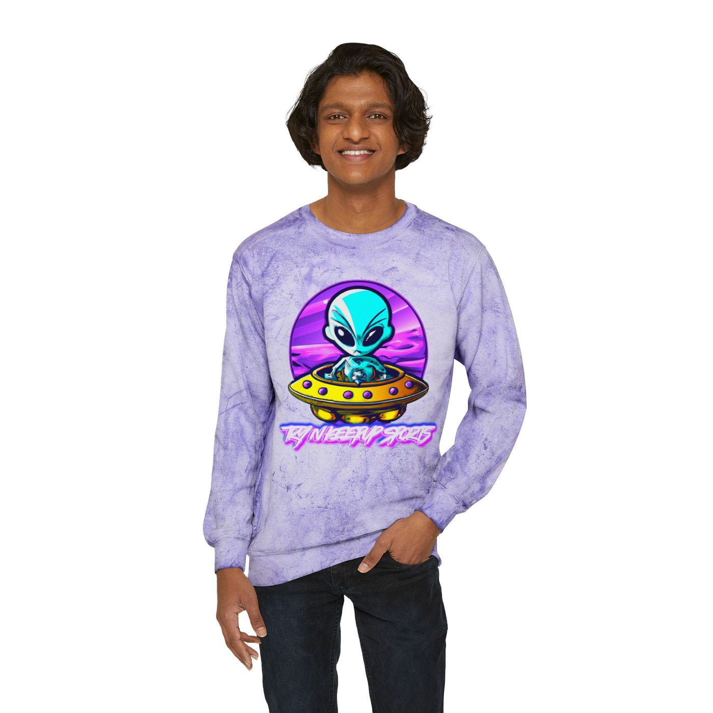 Color Blast Alien Crewneck Sweatshirt – Fun Unisex Apparel for UFO Enthusiasts