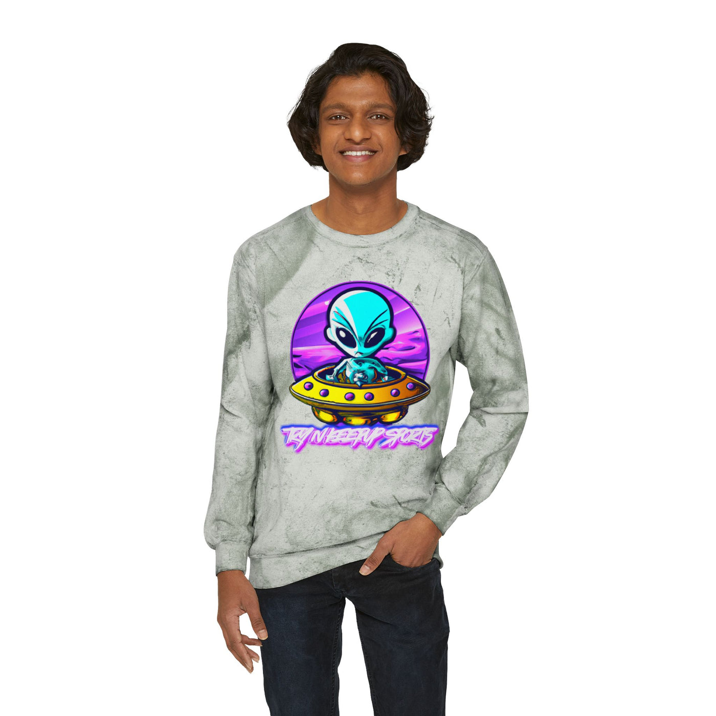 Color Blast Alien Crewneck Sweatshirt – Fun Unisex Apparel for UFO Enthusiasts